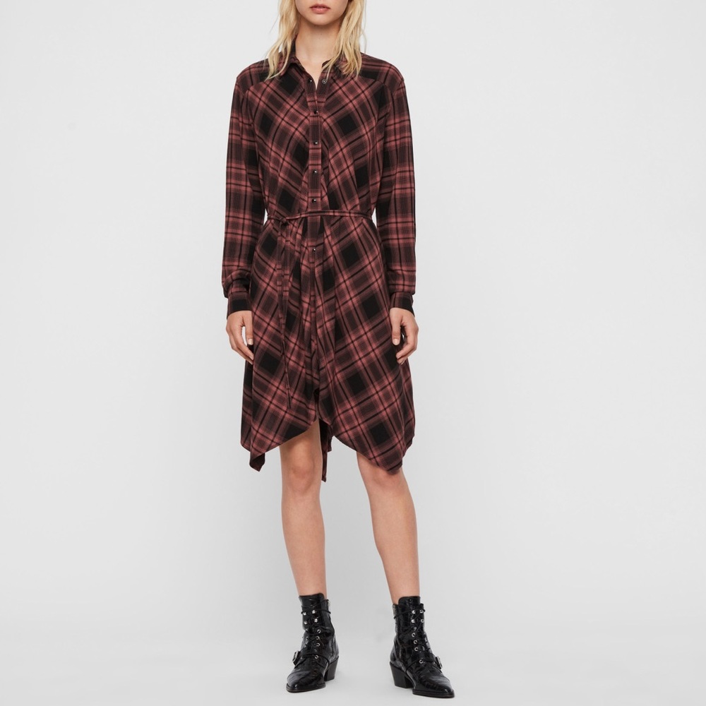 All Saints Tala Plaid Check Shirt Dress - M - Red/Black